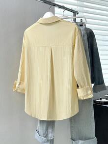 Áo sơ mi thường ngày thêu nút phía trước màu trơn, họa tiết thêu nút phía trước màu trơn - Áo sơ mi trơn cơ bản thanh lịch, Áo sơ mi dài tay ve thời trang, Áo sơ mi thường ngày xuân thu, Quần áo nữ mùa thu - Màu vàng - Xem 4