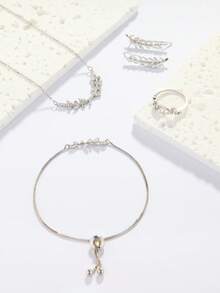 5 件/套优雅女士珠宝套装，银色方晶锆石花项链，可调节手链，耳环，戒指，不褪色礼品珠宝，订婚 - 復古銀色 - 查看 14