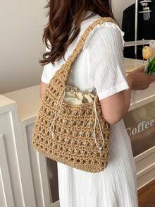 BAILEE 1 件全新米色镂空编织沙滩钱包，优雅轻便耐用单肩托特包，适合女士夏季海滩外出、度假和日常使用沙滩包 - 彩色 - 查看 18