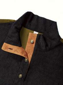 Men's Color Block Corduroy Casual Half Open Chest Long Sleeve Polo Shirt