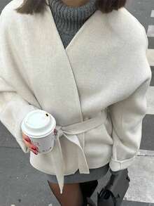 1 件女士纯色梭织面料打结腰部羊毛大衣，休闲秋冬 - 米色 - 查看 4