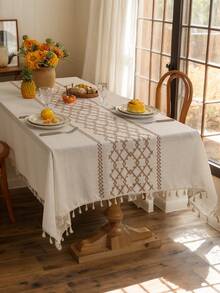 1 pieza Mantel rectangular de lino grueso con bordado y flecos, estilo bohemio, adecuado para sala de estar, dormitorio, cocina, mesa de café, mueble de TV, tela decorativa con borde floral para boda, fiesta, cumpleaños, mesa de comedor, decoración del hogar