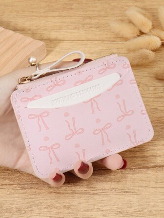 Pink Bow Love Pattern Zipper Small Wallet Coin Pocket Small Purse Bifold Slim Women Wallet MiniThin,Lightweight,Multi Layer Portable,ID Card,Money Credit Card Minimalist,Fashion,Modern,Business,For Anniversary,For Birthday Gift,For Gift,For Girls,For Lady,For Female,Bag School Supplies For School Dorm Room & Back To School