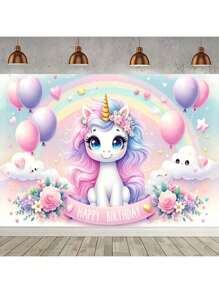 1pc Charming & Attractive Pink Unicorn Birthday Backdrop, Made Of Polyester Fiber, No Power Needed, Suitable For Outdoor Celebration & Magic Decoration