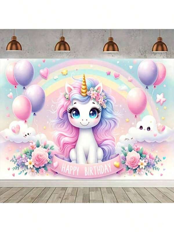 1pc Charming & Attractive Pink Unicorn Birthday Backdrop, Made Of Polyester Fiber, No Power Needed, Suitable For Outdoor Celebration & Magic Decoration