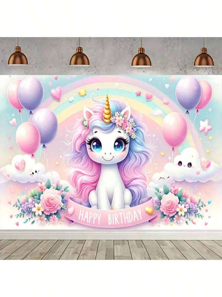 1pc Charming & Attractive Pink Unicorn Birthday Backdrop, Made Of Polyester Fiber, No Power Needed, Suitable For Outdoor Celebration & Magic Decoration