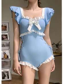 Versión coreana del traje de baño femenino de una sola pieza linda chica conservadora vientre-sombreado delgado ins viento vacaciones spa traje de baño - Azul - Ver 4