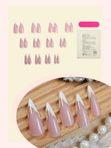 Bộ 24 miếng dán móng tay kiểu Pháp, hình hạnh nhân, thiết kế đường kẻ trắng và vàng, đầu nhọn, móng giả bóng cao cấp, che phủ toàn bộ móng, phù hợp cho phụ nữ và bé gái sử dụng hàng ngày, bao gồm dũa móng và keo dán móng, phụ kiện chăm sóc móng và vật tư làm móng. - trắng - Xem 3