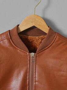 青少年男孩时尚棕色皮夹克 - 棕色 - 查看 3