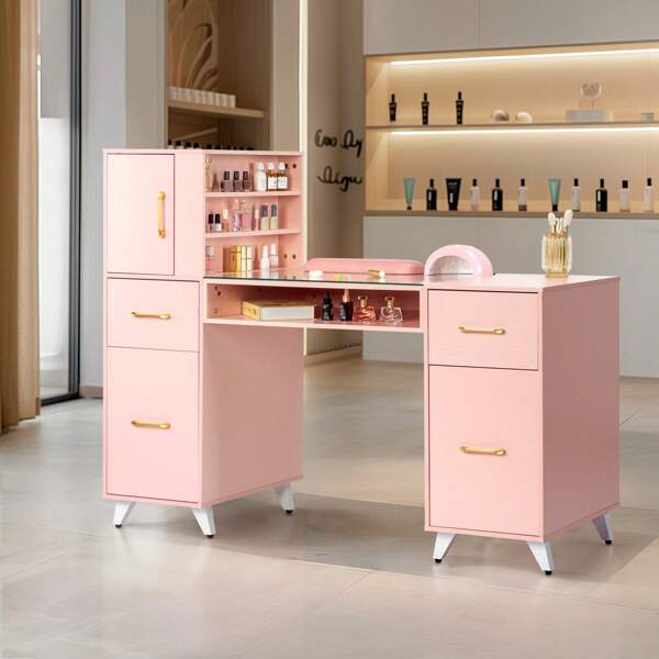 SYMCAVE Pink Relief Particle Board Tempered Glass 141*50*112cm Three Doors And Two Drawers Fanless Nail Table