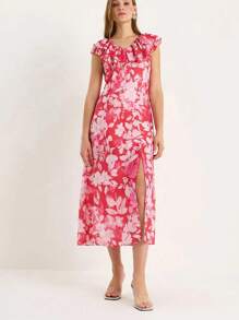 BIANCO LUCCI Zomer Boho Allover Bloemenprint V-hals Ruffle Trim Split Dij Jurk