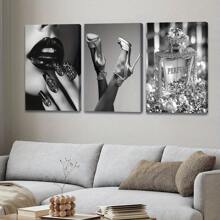 3pcs Wooden Framed Canvas, Fashion Women And Perfume Theme Posters, Fantasy Decorations, Frame Painting, Modern Art, Canvas, Perfect Gift For Friends And Family, Home, Room Mural, Office, For Living Room, Bedroom Wall Decor, HD, 8K, Odorless,