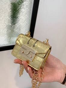 Minimalist Mini Alligator Grain Chain Shoulder Bag Crossbody Bag - Gold - View 5