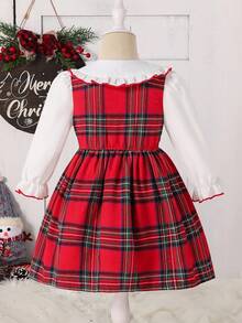 Sukienka dla młodej dziewczynki w stylu Christmas Academy w kolorze czerwonym, z kołnierzykiem w kratę, z falbaniastym kołnierzykiem i kontrastowym wykończeniem, w stylu Vintage Academy, idealna na przyjęcia świąteczne i szkolne wydarzenia, słodka, dziewczęca niezbędnik, jesień/zima