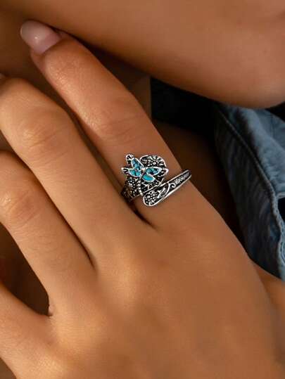 1pc Vintage Turquoise Dragonfly & Sunflower Design Fashion Versatile Ring For Women