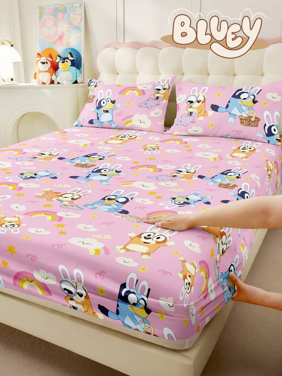 Bluey 1件蓝色蓝精灵图案床裙，卡通印花床上用品套装，床垫保护罩，床罩，舒适家纺，亲肤，床单套装，粉色，可爱，透气防起球床垫保护罩，柔软亲肤，适用于单人床、双人床、大号床、特大号床和加州特大号床，四季皆宜，可机洗，防尘床裙，不含枕头和枕套（仅包含1条床裙），适合万圣节、返校季、圣诞节、秋季装饰、房间装饰 - 淺粉色 - 查看 1