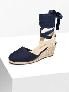 女式包头系带帆布鞋可爱细带凉鞋职业海滩夏季厚底坡跟凉鞋