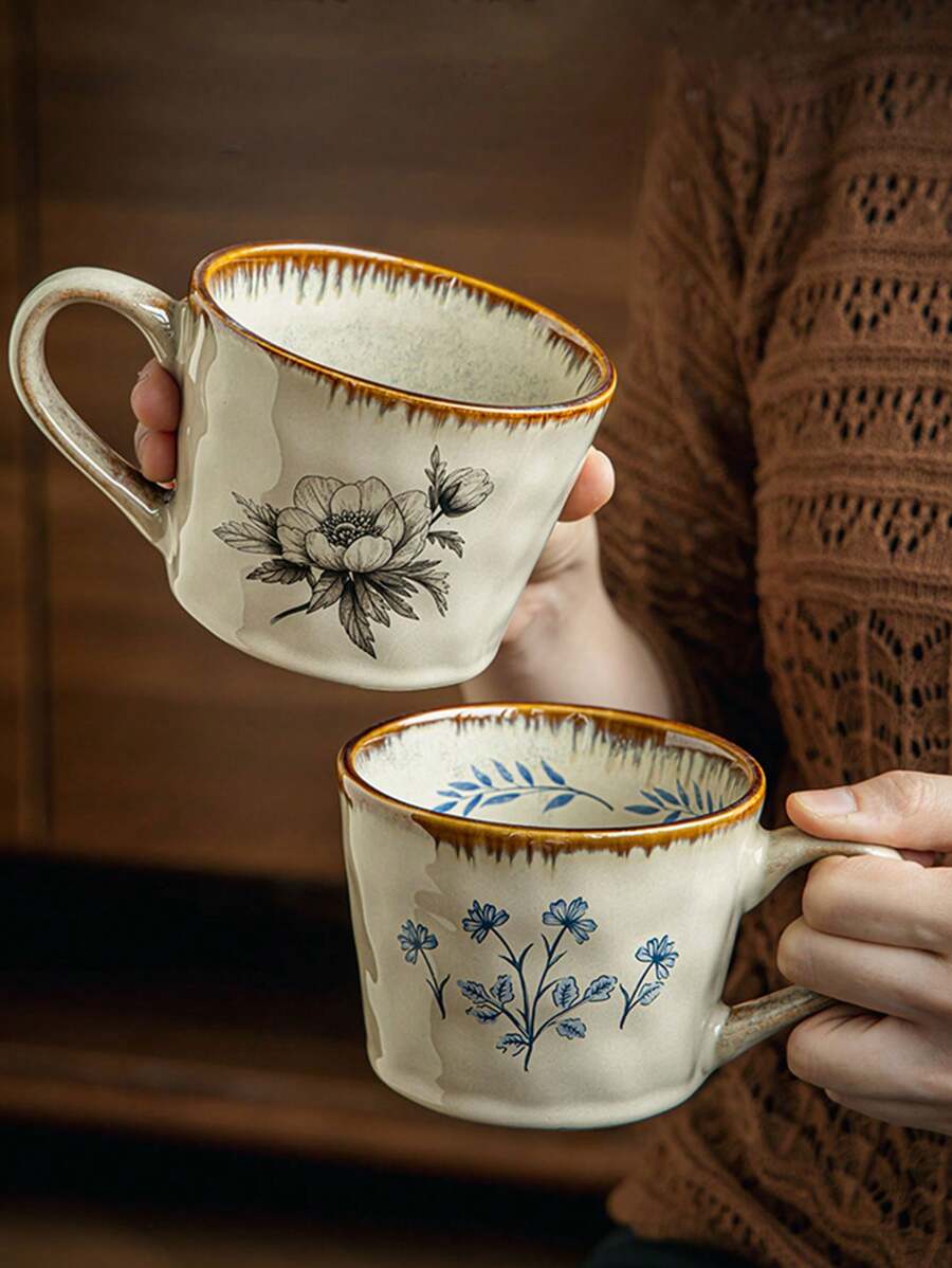 1pc Vintage Floral Mug - Elegant Beige, Brown And Blue Floral Design - Scratch-Resistant Durable Ceramic Coffee Cup - Dishwasher Friendly - Office, Home, Party Drinkware - Birthday, Christmas, Wedding Gift - Antique Style Tableware, Classic Beverage Container, Durable Office Supplies