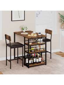 Juego de mesa de bar de 3 piezas, mesa de bar, mesa de comedor con 2 sillas acolchadas y 3 estantes, mesa de cocina, mesa pequeña para mostrador, taburete de bar, grupo de comedor para 2 personas, diseño industrial