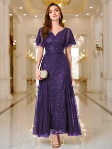 亮片蕾丝心形领口荷叶袖晚宴长裙，适合返校节、婚礼宾客、生日、正式场合、毕业典礼、情人节等春季场合。 - 紫色 - 查看 9