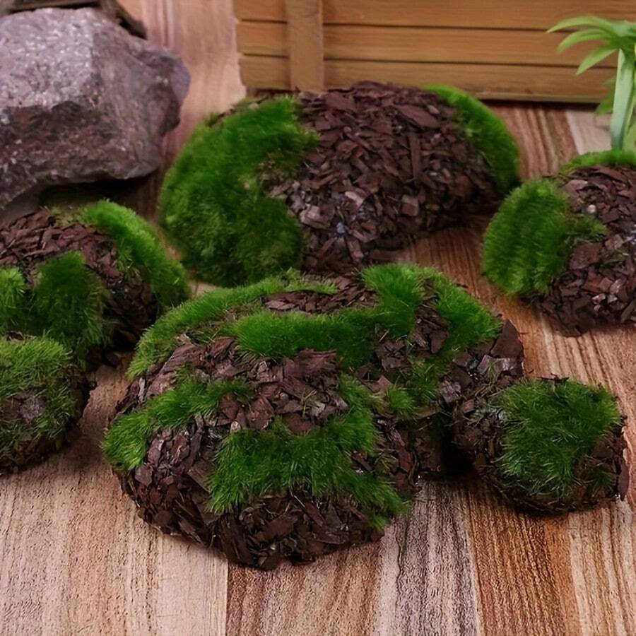 6件組人造苔蘚岩石 DIY 綠色仿真苔蘚球與石頭，適合花藝布置、仙女花園與手工藝，超細纖維材質，季節性裝飾，微景觀，戶外岩石花園裝飾，派對與節日