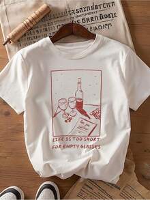 INAWLY Camiseta gráfica de mujer con cuello redondo y línea de arte del vino - Blanco - Ver 1