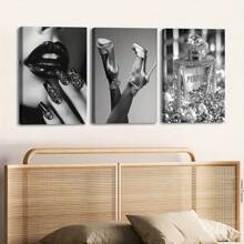 3pcs Wooden Framed Canvas, Fashion Women And Perfume Theme Posters, Fantasy Decorations, Frame Painting, Modern Art, Canvas, Perfect Gift For Friends And Family, Home, Room Mural, Office, For Living Room, Bedroom Wall Decor, HD, 8K, Odorless,