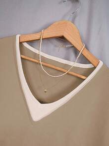 大码休闲V领二合一短袖针织上衣 - 棕色 - 查看 4