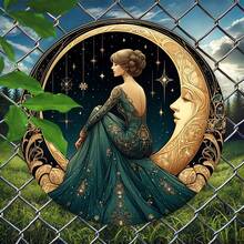 One 2D Flat Piece, Retro Metal Signboard, Moon Queen Designed Circular Wall Art Decoration, 8 Inches, Retro Creative Moon Metal Garland Wall Art, Elegant Celestial Home Decoration, Suitable For Living Room And Bedroom Decoration - Slot Style Is Random - Multicolor - View 6