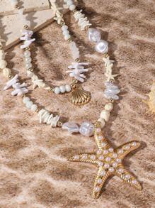 1 Peça Colar Artesanal Multicamadas com Contas de Pedra, Pérola, Pingente de Estrela do Mar Dourada de Metal, Para Mulheres Festa de Praia Viagem de Férias, Colar de Pérola de Concha Estrela do Mar, Acessório de Roupa de Praia para Meninas, Colar de Joias Exageradas, Colar de Estrela do Mar Robusto