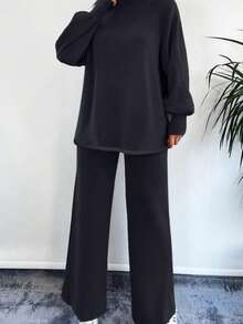 مجموعة كنزة صوفية بأكمام طويلة وبنطال طويل، خريف/شتاء، 2 قطعة