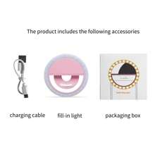 Anello luminoso moderno per selfie con 28 LED, luce per telefono, luci di Natale, luce per selfie, ricaricabile USB, dimmerabile, molletta per smartphone, trucco, streamer - controllo a pulsante, luminosità regolabile, senza rumore o effetto fantasma, finitura in plastica non finita - include cavo USB, supporto da tavolo - adatto per vari ambienti, posizionamento su tavolo (rosa/bianco/blu/nero)