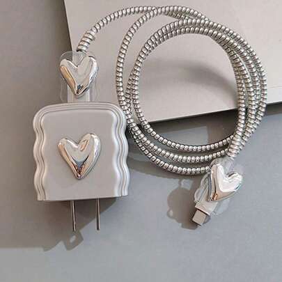 4 piezas Enrollador de cable con forma de corazón plateado de 1,5 m, protector de cable, protector de cabezal de carga TPU, adecuado para cable de carga rápida de 20 W para iPhone 12/13/14, gran regalo para ti o tus amigos