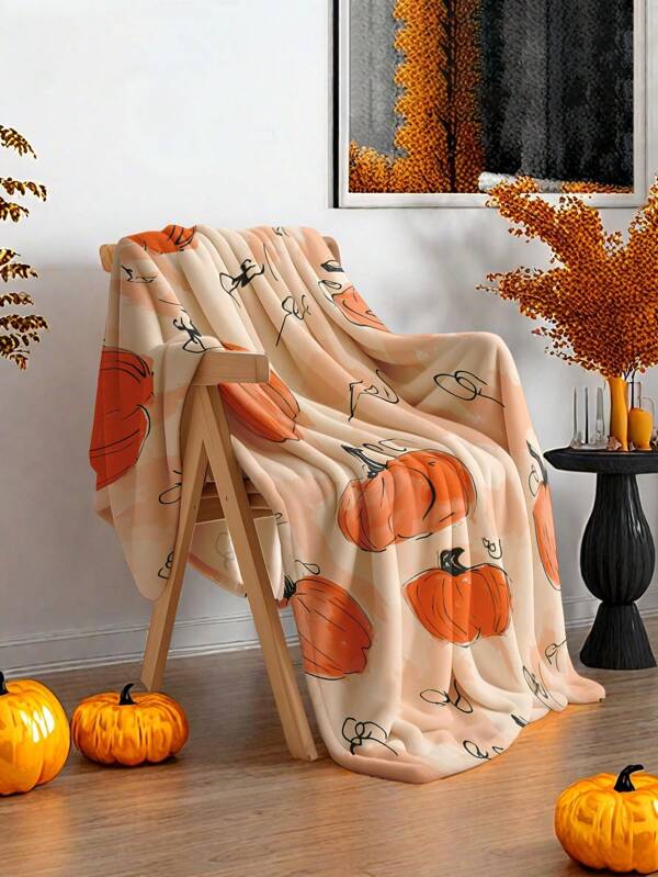 1 pieza Manta de franela, ropa de cama, manta suave y gruesa con estampado de calabaza, amigable con la piel, manta para sofá, manta para siesta en la oficina, decoración de habitación, manta multiusos para viajes y camping, adecuada para sala de estar, dormitorio, temporada de regreso a clases, regalo para fiestas