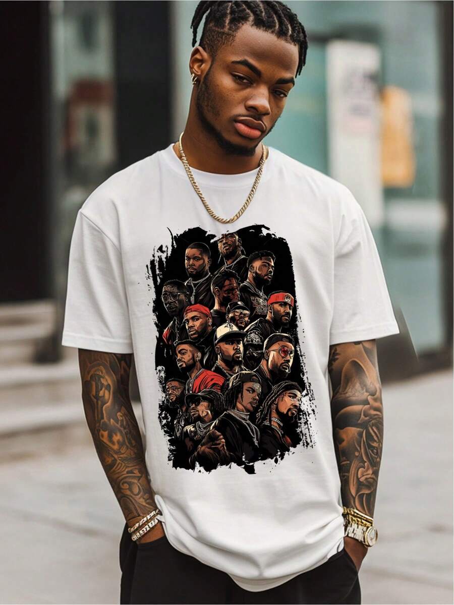 Front Hip Hop Legends Collage Pattern Print Round Neck Short Sleeve T-Shirt Top Comfort Breathable Fabric Leisure Sports Style Men 100% Cotton Street Wear T-Shirt (Choose A Larger Size To Get A Looser Effect) - trắng - Xem 1