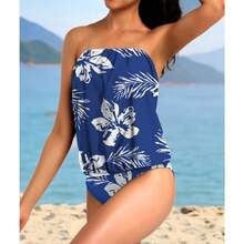 Women 2 Piece Bandeau Tankini Bottom For Tummy Control Stylish Loose Blouson Top Paired With Summer Beachwear - Blue Flower - View 5