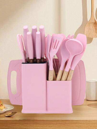 19 piezas Juego de Utensilios de Cocina y Cuchillos de Silicona en Negro, Verde, Rosa y Gris con Mangos de Madera - Herramientas y Accesorios de Cocina Resistentes al Calor, Incluye Cucharas, Espátulas, Cucharones, Batidores, Perfecto para Regalos del Día de San Valentín, Acción de Gracias y Fiestas Navideñas, Incluye un Cubo de Almacenamiento para Suministros de Cocina, Comedor y Repostería (El tamaño de los utensilios de cocina del set de cocina puede ser un poco más pequeño que el de los utensilios de cocina ordinarios)