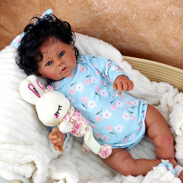 Realistic Reborn Doll 20inch Transplanted Curly Hair, Black Skin, Soft Touch Cloth Body, Ideal Gifts For Holidays Birthday & Collection