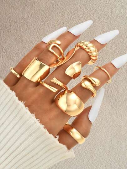 10Pcs /Set Fashion Bohemian Geometric Teardrop Hollow Irregular Abstract Design Adjustable Gold Rings Set For Women Jewelry Accessories(No Box)
