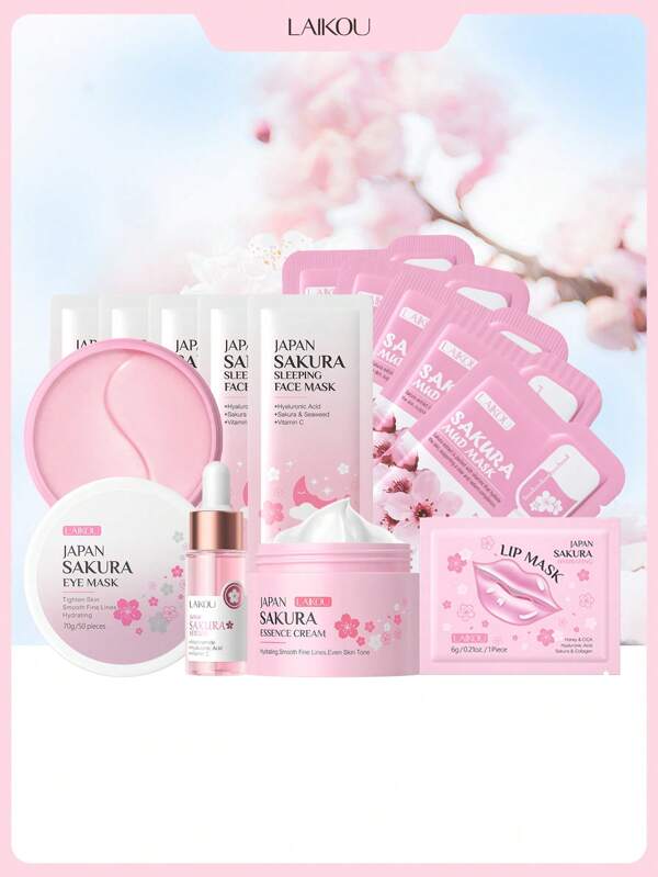 1 Set de cuidado de la piel de Sakura hidratante y luminoso de LAIKOU Japón, 8 piezas (Máscara facial nocturna de Sakura 3g*5 piezas y máscara de barro de Sakura de Japón 5g*5 piezas y suero de Sakura de Japón 17ml y máscara hidratante de labios de Sakura de Japón 6g y máscara para ojos de Sakura de Japón 70g y crema esencia de Sakura de Japón 25g) Caja de regalo de cuidado de la piel reparadora profunda Antienvejecimiento Bolsa de regalo de cuidado de la piel para mujeres, mamá, esposa, hermana, adolescente, novia