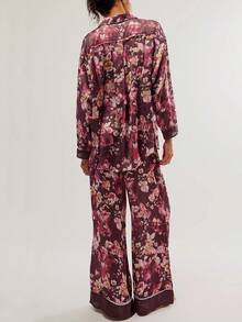 Womens Y2k Silk Pajame Sets Floral Print Long Sleeve Button Down Shirt Wide Leg Pants Satin Girly Western Pajames 2 Piece Loungewear - Màu tím - Xem 2