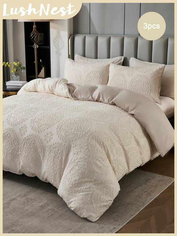 3pcs Geometric Pattern Cut-Out Beige Bedding Set (1 Duvet Cover + 2 Pillow Shams, Inserts Not Included), Modern Romantic Elegant Classic, Polyester Fiber Comfortable Breathable All Season, For Bedroom Decor