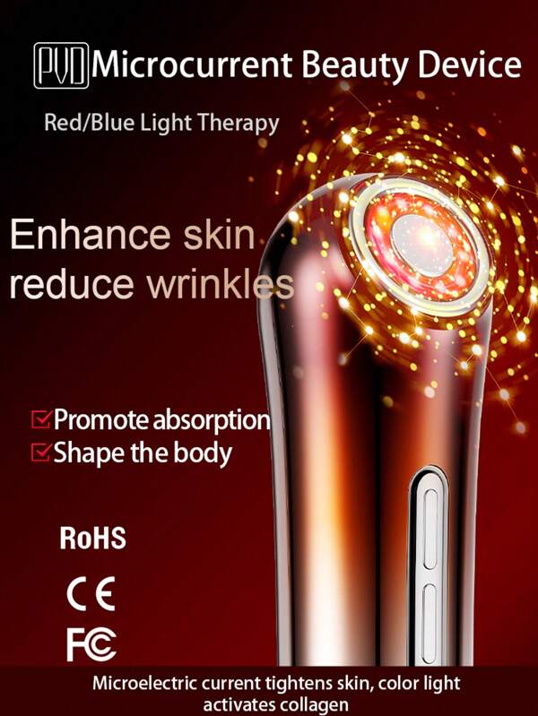 LED Red & Blue Light Micro-Current Skin Tightening & Wrinkle Removal Facial Massager, For Face, Neck & Arms, USB Rechargeable, 400mAh