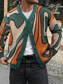 Men's Casual Loose Fit Jacquard Colorblock Pattern Cardigan Sweater, Fashionable Drop Shoulder Long Sleeve Knit Top Outerwear For Autumn & Winter - Green - View 1