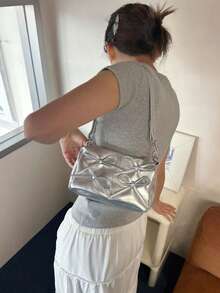 褶皱蝴蝶结装饰托特包，时尚银色链条肩带单肩包，多功能大容量，适合日常通勤 - 銀色 - 查看 5