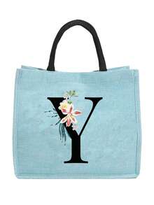 Sunflower & Daisy, Letter A-Z Print Blue Linen Tote Bag, Perfect Holiday Gift, Multifunctional Portable Handbag/Shoulder Bag, Fashion Minimalist Linen Bag, Large Capacity Storage Bag, Gift For Women, Teacher's Day Gift, Cosmetic Bag - Blue - View 66