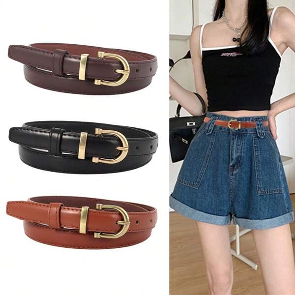 1pc Vintage Leather Belt, Fashion Versatile Decorative Skinny Waist Belt, Minimalist Style For Casual Jeans, Random Color Fall, Autumn, Halloween