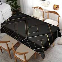 1pc Modern Minimalist Black Tablecloth With Gold Geometric Pattern - Machine Washable Polyester, Rectangular Design, Suitable For Dining Table And Coffee Table, Elegant Home Decor, Dining Table Decoration