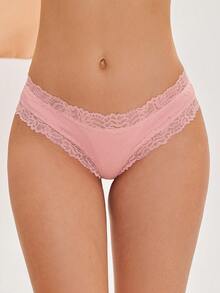 FINETOO 1pc Women's Lace Trim Ribbed Romantic Low Waist Brazilian Panty - Pink - View 2