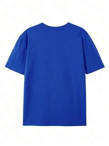 (220 Cotton-Shirt)    Men's Summer Round Neck Short Sleeved Casual Cotton Print   LetterComfortable Cotton - 寶藍色 - 查看 2